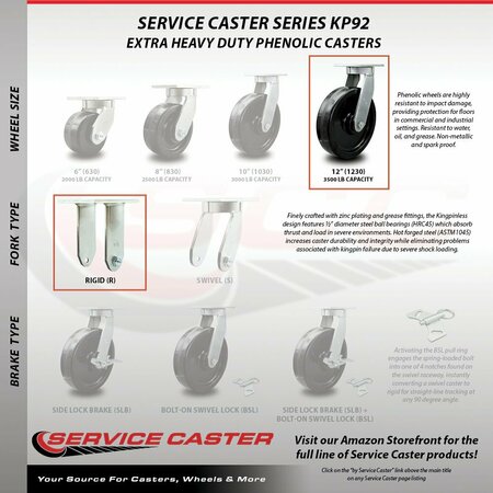 Service Caster 12'' Extra Heavy Duty Phenolic Wheel Caster Set 2 Swivel 2 Rigid , 4PK CRAN-SCC-KP92S1230-PHR-2-R-2